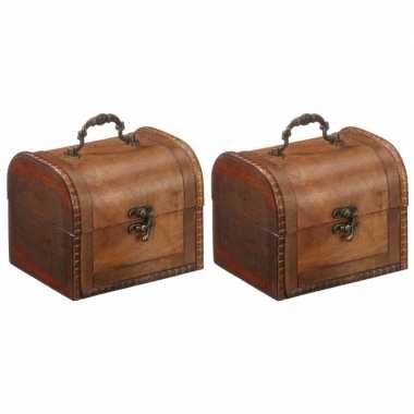 Vintage 2x houten opbergkistjes donkerbruin 15 cm