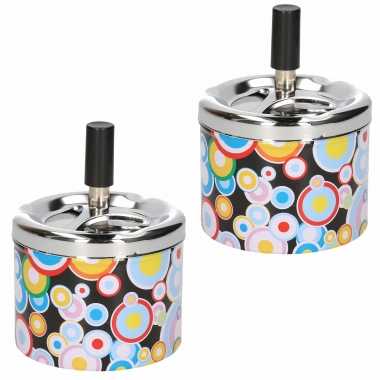 Vintage 2x stuks draaiasbak met jaren 70 retro cirkels print en zilveren deksel