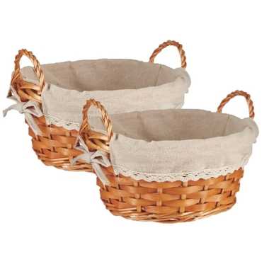 Vintage 3x stuks rieten broodmanden met binnenvoering rond 30 x 28 cm