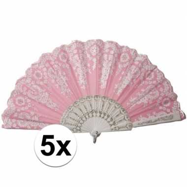 Vintage 5x stuks roze spaanse waaiers met wit kant