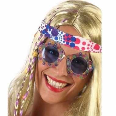 Vintage hippie verkleed bril met blauwe glazen voor volwassenen