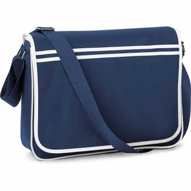 Vintage retro schoudertas/aktetas navy/wit 40 cm voor dames/heren