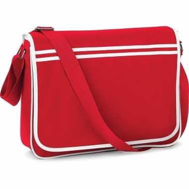Vintage retro schoudertas/aktetas rood/wit 40 cm voor dames/heren