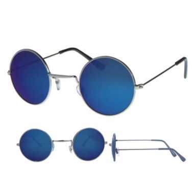 Vintage retro zonnebril zilver met ronde blauwe glazen voor volwassen