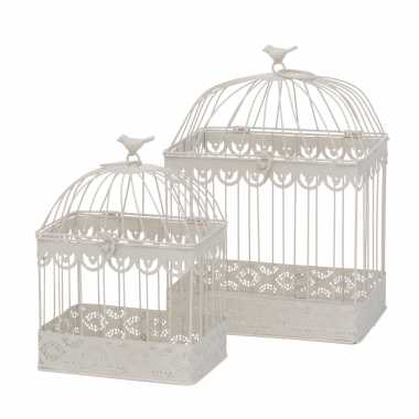Vintage set van 2x home decoratie vogelkooien wit 14 x 22 cm en 20 x 28 cm