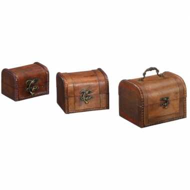 Vintage set van 3 houten opbergkistjes donkerbruin