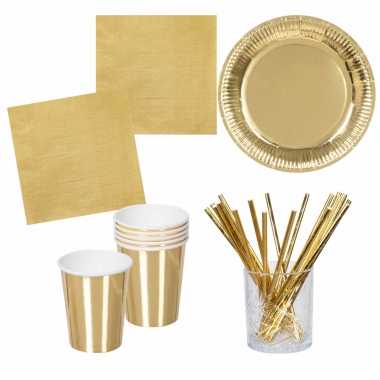 Vintage verjaardag feest/party tafel dekken set in het goud - bordjes/bekers/servetten/rietjes