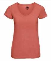 Basic v hals t-shirt vintage washed koraal oranje voor dames