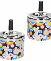 Vintage 2x stuks draaiasbak met jaren 70 retro cirkels print en zilveren deksel