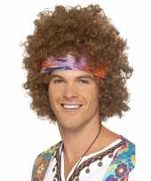 Vintage bruine hippie pruik met haarband voor heren