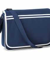 Vintage retro schoudertas aktetas navy wit 40 cm voor dames heren